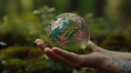 Human hands holding earth sphere crystal  with sunlight, green nature background, concept of conservation environmental. AI Generative.
