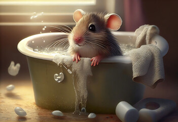 Cute mouse in bathtub , pets cleaning. Generate Ai.