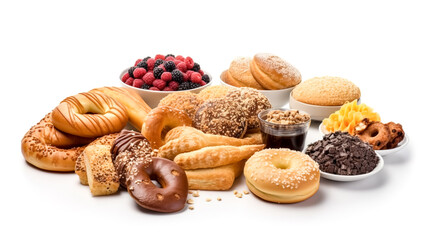 Fototapeta premium Baking, chocolate and berries on a white background, isolated, generative AI.