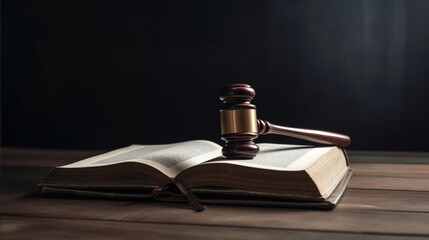 Judge gavel with law book on wooden table on empty space. Generative AI.