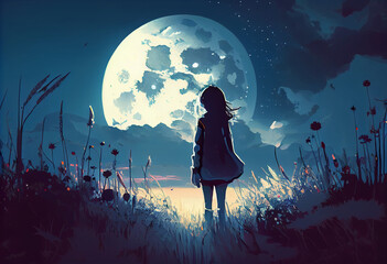 A girl with a big moon on meadow. Generate Ai.