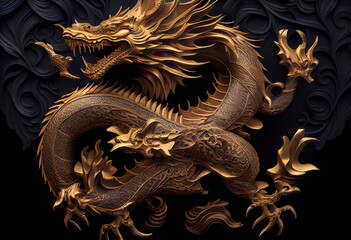 dragon gold carving on the dark background. Generate Ai.