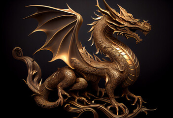 dragon gold carving on the dark background. Generate Ai.