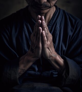 Male praying namaste zen meditation palms together man Buddhism generative ai