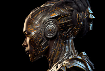 Futuristic robot or cyborg head in profile. Isolated on black background. Generate Ai.