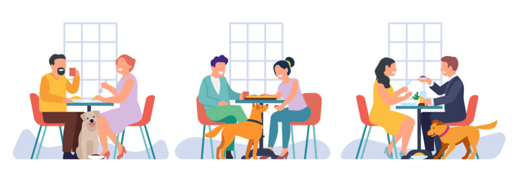 Dog and people eat together in same cafe. Pet friendly. Men and woman sitting at table, dinner or lunch in restaurant, happy animals with owners cartoon flat style isolated vector concept
