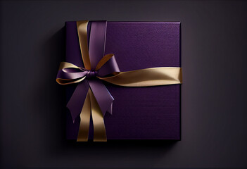 Gift box dark violet with gold ribbon bow on top, dark textured background. Generate Ai.
