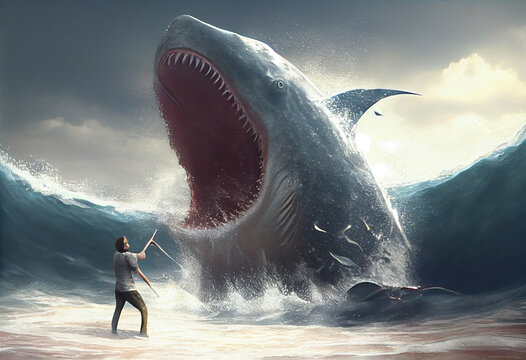 Giant shark attacks people in the sea. Generate Ai.