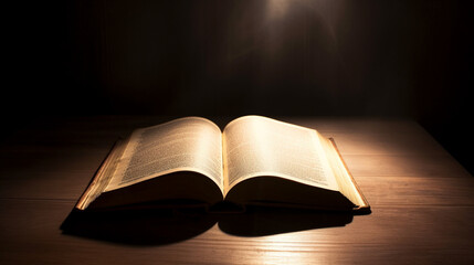 Opening the light of the Bible on empty space for text. Generative Ai.