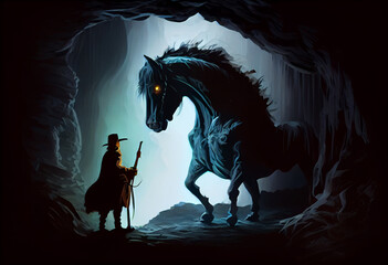 Horse monster looking at little hero with sword in the cave.. Generate Ai. - obrazy, fototapety, plakaty