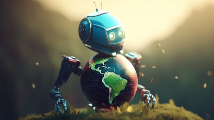 Robot holding a light bulb with a small plant on the ground and sunlight, Concept of saving energy with nature. AI Generative.