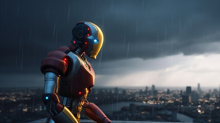 The robot stands with its back looking at the city. with a sky with colorful thunderstorms and lightnings.Generative AI.
