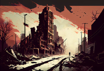 illustration painting of destroyed Abandoned City, Zombie Apocalypse. Generate Ai.