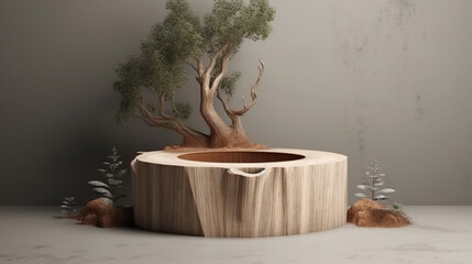 Empty wooden podium for product presentation,  Natural materials mockup for cosmetic advertising.Generative AI.