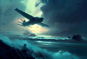 illustration painting of planes flying in the storm . Generate Ai.
