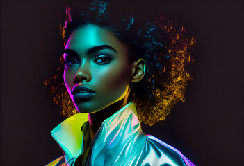 Naklejka na ściany i meble Fashion portrait beautiful black woman, look at camera, in neon studio lighting. Generate Ai.