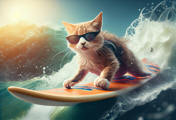 Funny cat in sunglasses rides a surfboard on the ocean waves. Summer vacation concept. Generate Ai.