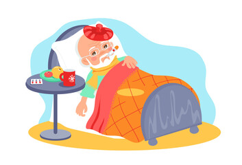 Elderly sick man lying in bed with thermometer in his mouth. Disease treatment. Ill grandfather with fever and temperature. Grandpa sleeping under blanket. Senior patient. Vector concept
