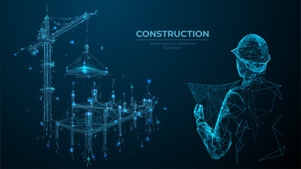Building under Construction site. Architect Holding Blueprints near Construction. New Building. Man with Project in Helmet. Crane Constructing House. Abstract polygonal wireframe vector illustration.