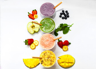 strawberry, blueberry, mint, mango smoothies on a white background 