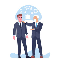Experience and knowledge sharing. Experienced businessman passes on information to young professional. Work mentoring and training. Employees education. Worker support. Vector concept