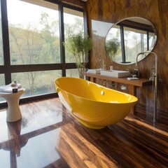 Fototapeta premium Cheerful bathroom thanks to the color Yellow, Not to mention the amazing view it has. Generative AI Technology 