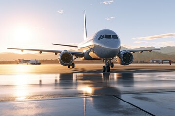 Fototapeta na wymiar A plane on a runway at sunset Generative Ai