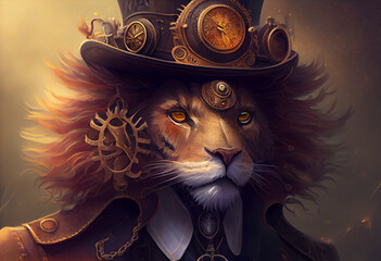 a lion wearing a steampunk hat and a steampunk mask, fantasy art, steampunk. Generate Ai