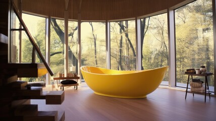 Cheerful bathroom thanks to the color Yellow, Not to mention the amazing view it has. Generative AI Technology 