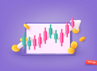 Online trading with computer. Technical analysis candlestick chart. Global stock exchanges index. Forex trading concept. Trading strategy. 3D Web Vector Illustrations.
