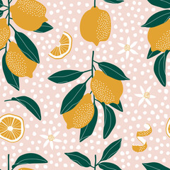 Summer seamless pattern with lemons and leaves. Repeated background. 