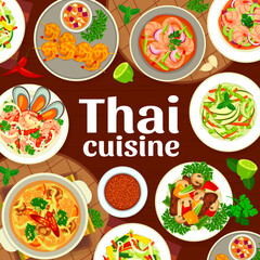 Thai cuisine menu cover page template. Battered prawns, salad with soybean sprouts and fish soup, beef and vegetable stir fry, Panang curry, seafood shrimp and vegetable and fruit salads
