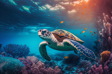 Obraz na płótnie Canvas Sea turtle swimming in the under sea , Beautiful Underwater and colorfull coral in wild nature of the Pacific Ocean. Generate Ai
