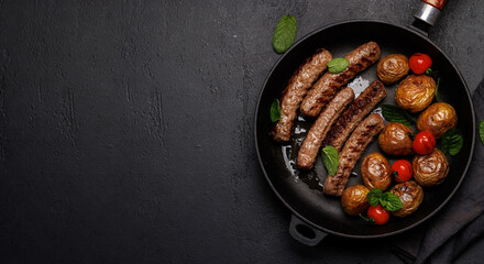 Delicious grilled sausages and potatoes in a sizzling frying pan