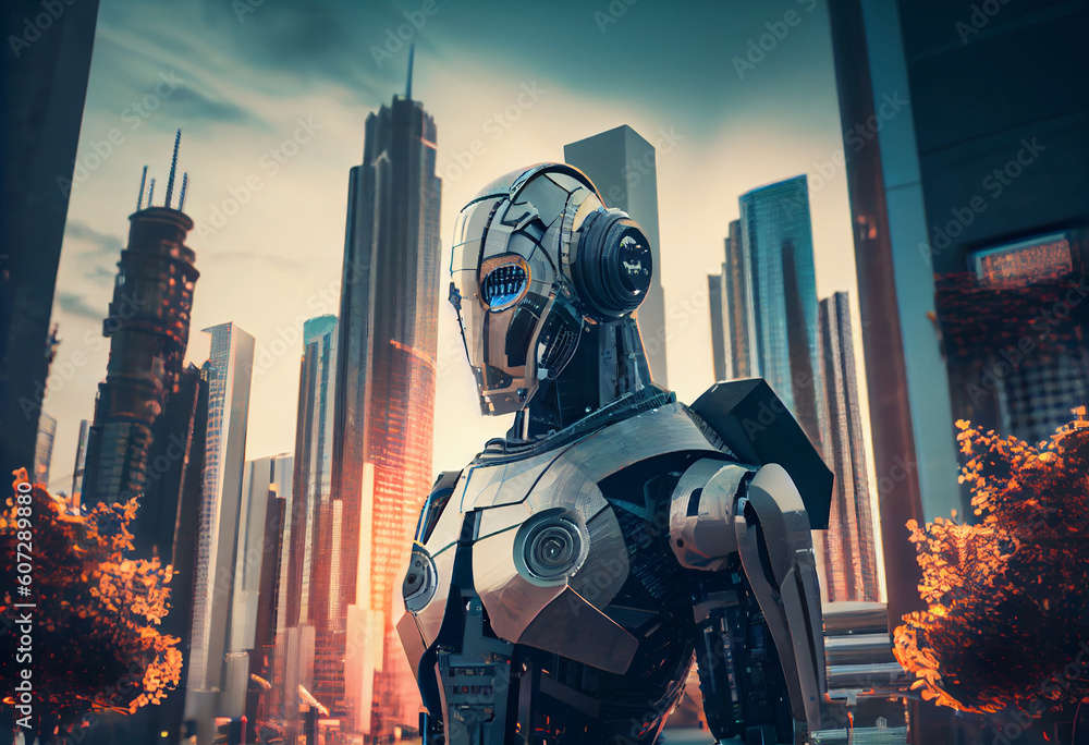 Aufkleber smart city with robot system artificial intelligence. generate ai