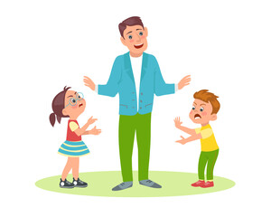 Father mediates between two angry quarreling children. Parent stops conflict. Kids arguing and shouting. Yelling son and daughter. Brother and sister dispute. Bad behavior. Vector concept