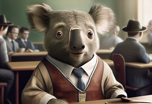 Portrait of an anthropomorphic koala dressed as a schoolboy in a classroom. Generate Ai.