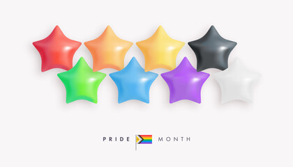 Happy pride poster, web banner or greeting card design template. Colorful 3d stars on light background. Lgbt colors. Lgbtq+ flag. Vector illustration