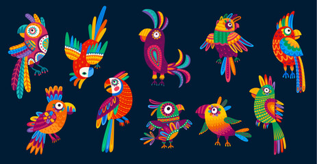 Fototapeta na wymiar Cartoon Mexican and Brazilian parrots, kids funny bird characters, vector ornament pattern. Mexico or Brazil parrot birds with folk ethnic ornament or Latin alebrije art in colorful tropical birds