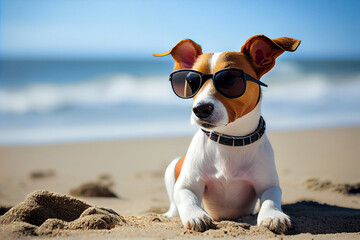 Fototapeta na wymiar Cute dog - jack Russell terrier with sunglasses, enjoying on the beach. Generate Ai
