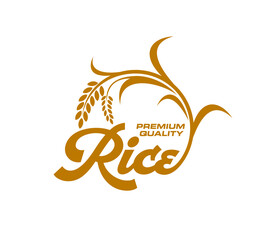 Rice icon, organic natural food and package label, vector bio product symbol. Premium quality natural cereals or rice ear and stalk brown silhouette sign for farm food store or rice packaging