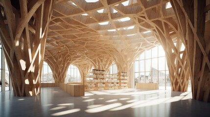 Timber library structures in a parametric design. Generative AI.