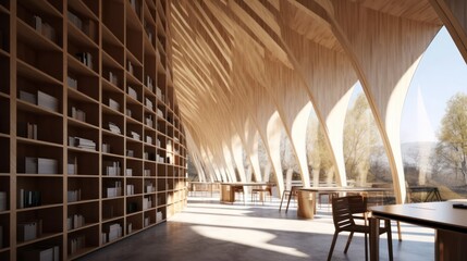 Timber library structures in a parametric design. Generative AI.