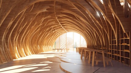 Timber library structures in a parametric design. Generative AI.