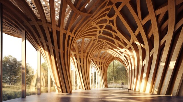 Timber library structures in a parametric design. Generative AI.