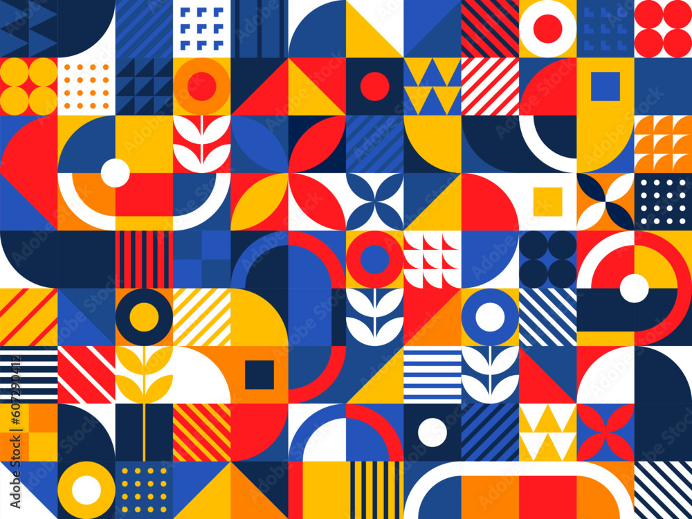 Poster Bauhaus modern geometric pattern with vector color shapes. Abstract background of squares, circles, triangles and round lines, dots and floral elements. Bauhaus pattern for interior decor and posters