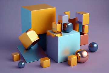 Abstract 3d rendering of geometric shapes. Composition with squares. Cube design. Modern background for poster, cover, branding, banner, placard. Generate Ai