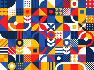 Obraz premium Bauhaus modern geometric pattern with vector color shapes. Abstract background of squares, circles, triangles and round lines, dots and floral elements. Bauhaus pattern for interior decor and posters