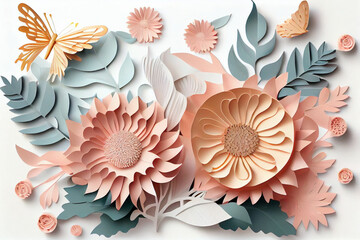 Abstract cut paper flowers isolated on white, botanical background, festive floral arrangement. Rose, daisy, dahlia, butterfly and leaves in pastel color palette. Simple modern wall decor. Generate Ai