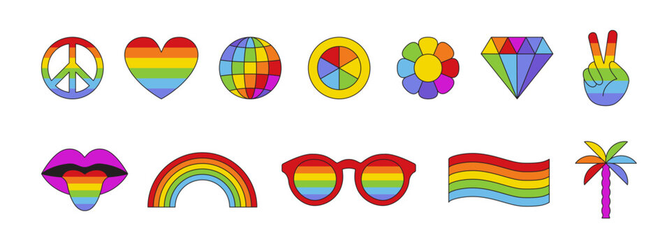 Vector illustration in flat simple linear style - summer rainbow stickers and badges, - lesbian gay bisexual transgender love concept, Icon and symbol for sticker,  t-shirt print 